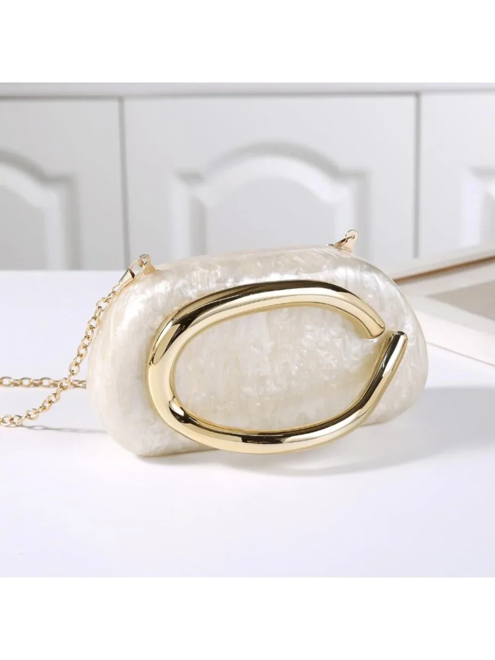 👜Women's Beige Marble Art Deco Clutch Gold-Tone Handle Evening Party Purse Bag